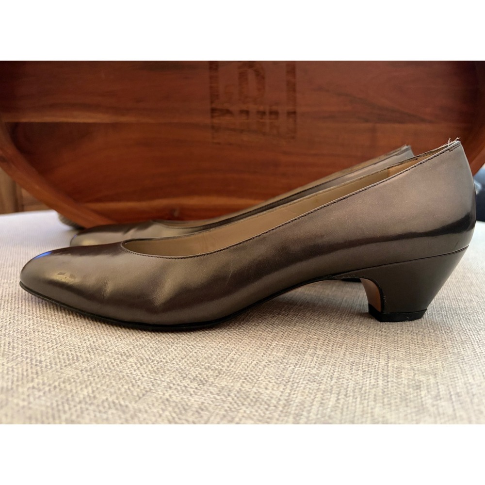 Ferragamo Women Metallic Bronze Leather Pointed Toe Kitten Heel Pumps